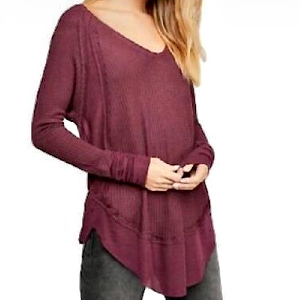We the Free People Waffle Knit Laguna Thermal Long Sleeve Burgundy Shirt XS